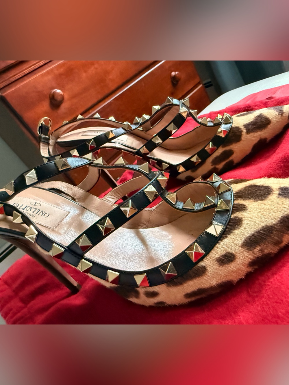 Valentino Leopard Print Rockstud Slingback Heels with Black Straps